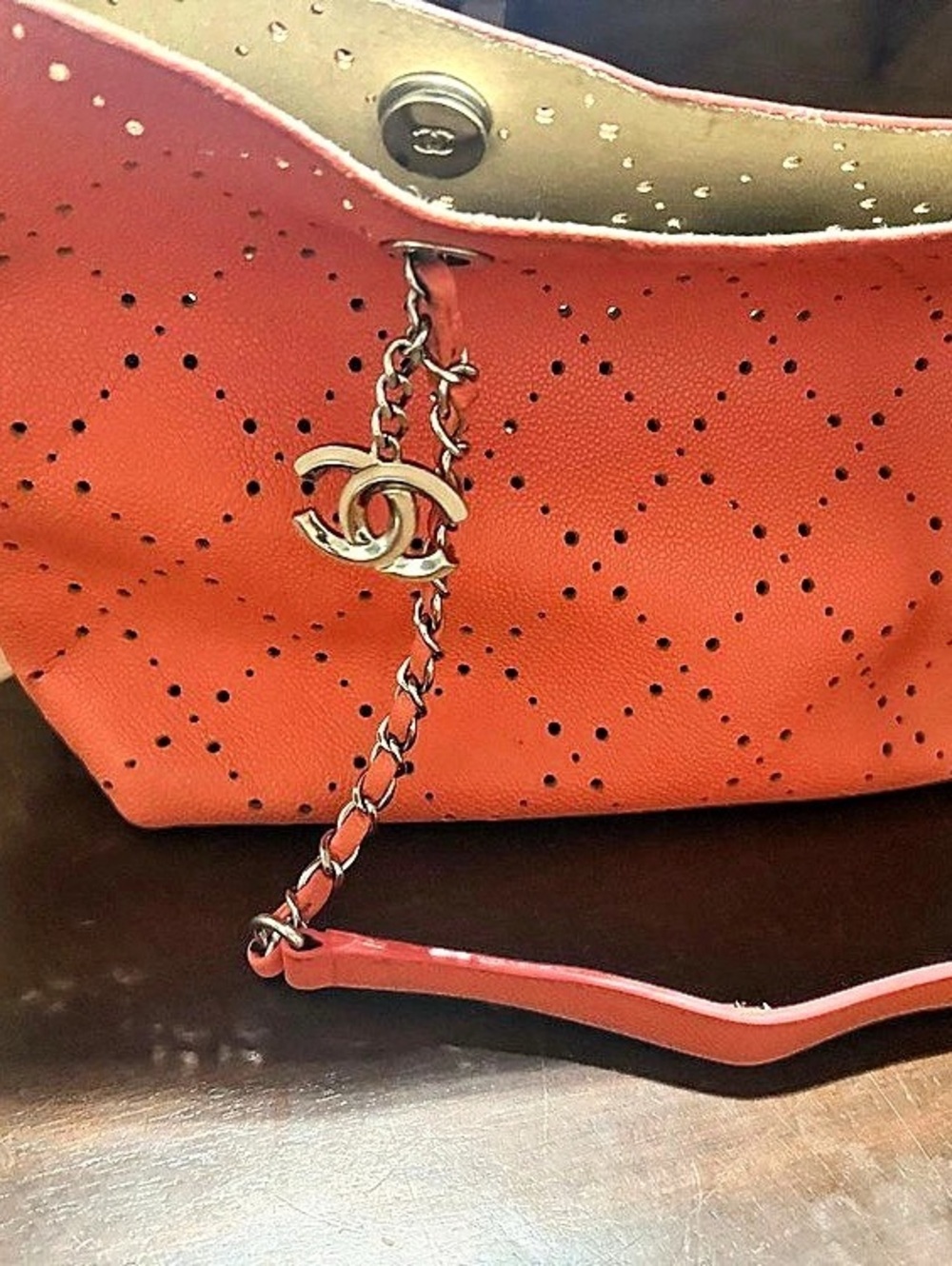 Chanel Perforated Grained Calfskin Shopping Tote Shoulder Bag Coral & Beige